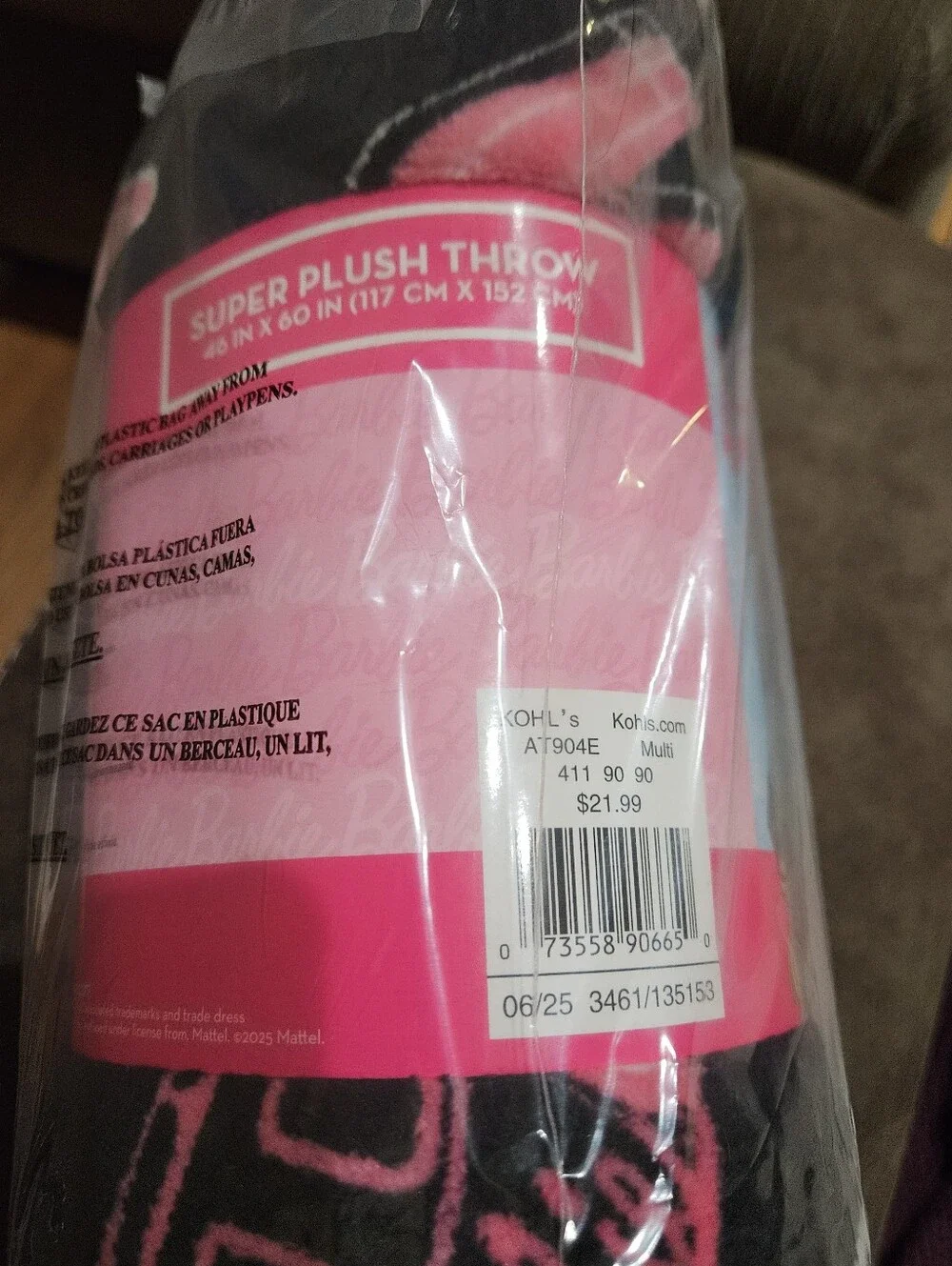 Barbie Black, White & Pink Palm Print Plush Throw